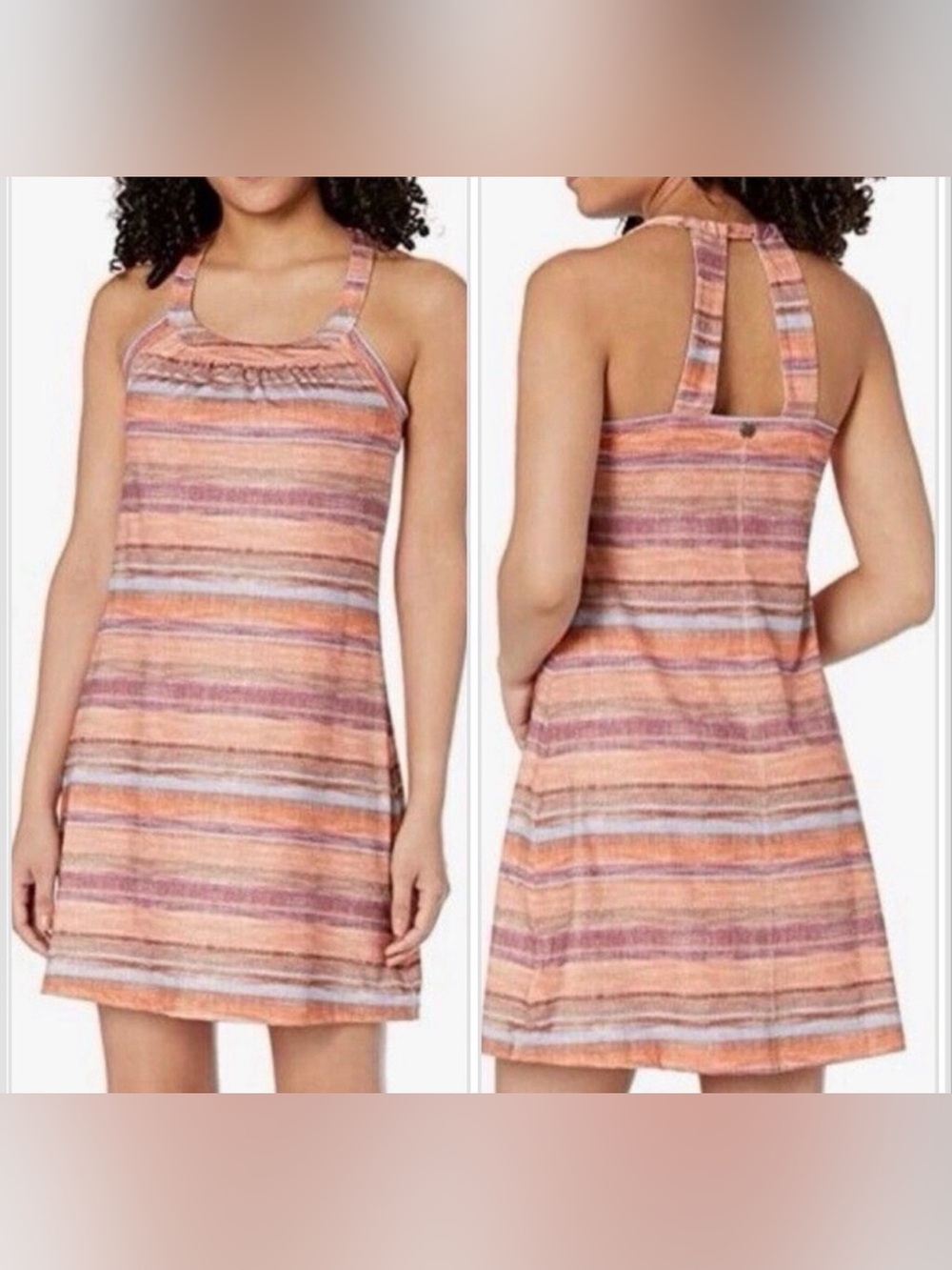 Prana Cantine Halter Mini Dress Terra Soleil Large Removable Cups Striped Orange